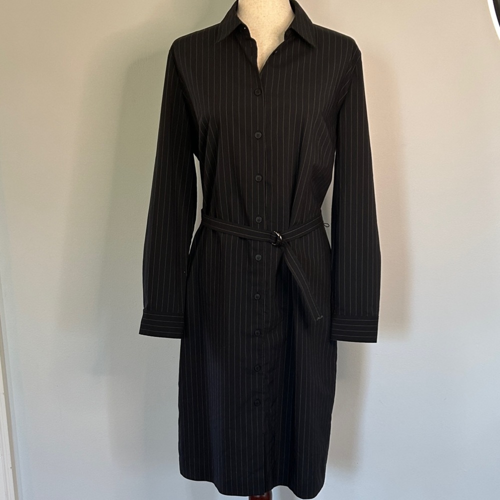 Ann Taylor Loft Black Pinstripe Shirt Dress with Belt